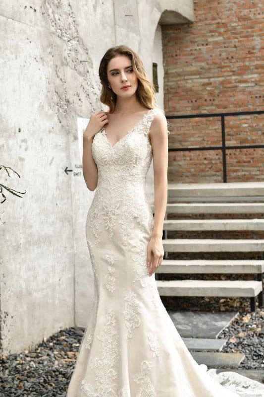 Bridelily Glamorous Mermaid Satin Lace Open Back Wedding Dress