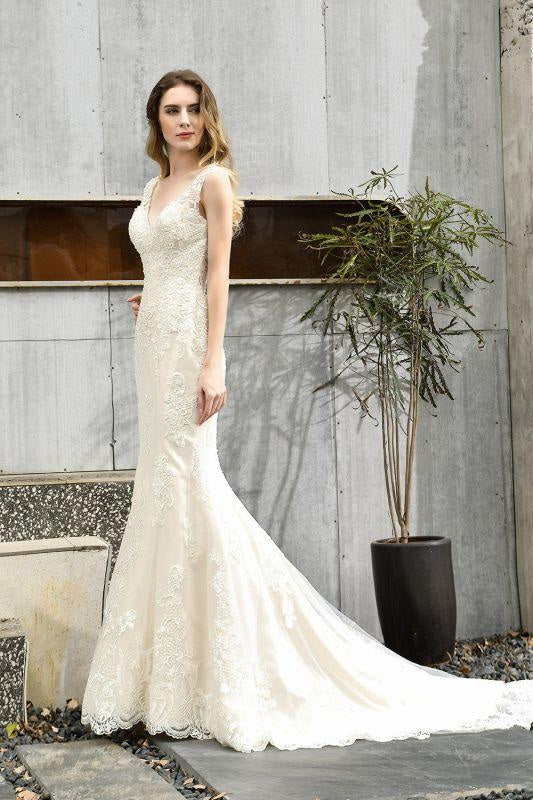 Bridelily Glamorous Mermaid Satin Lace Open Back Wedding Dress