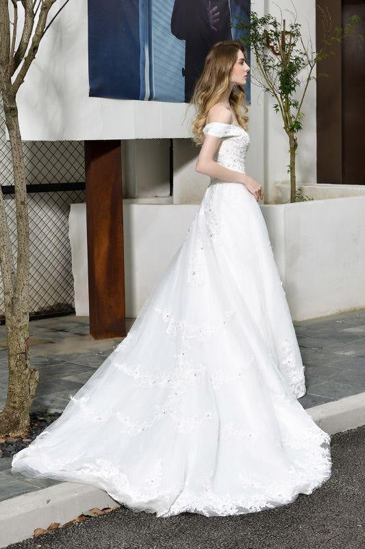 Bridelily Gorgeous A-Line Lace Off Shoulder Wedding Dress
