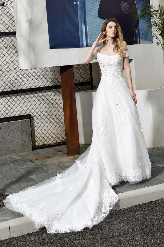 Bridelily Gorgeous A-Line Lace Off Shoulder Wedding Dress