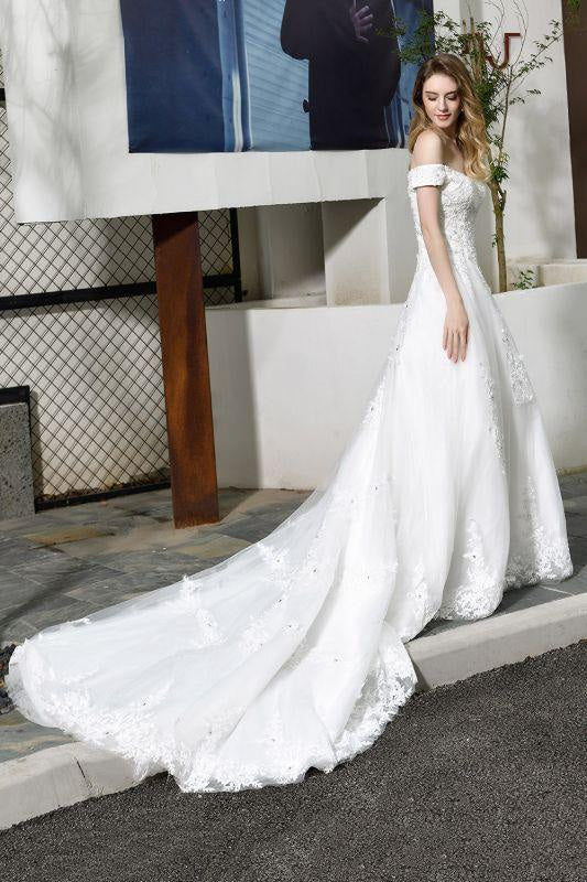 Bridelily Gorgeous A-Line Lace Off Shoulder Wedding Dress
