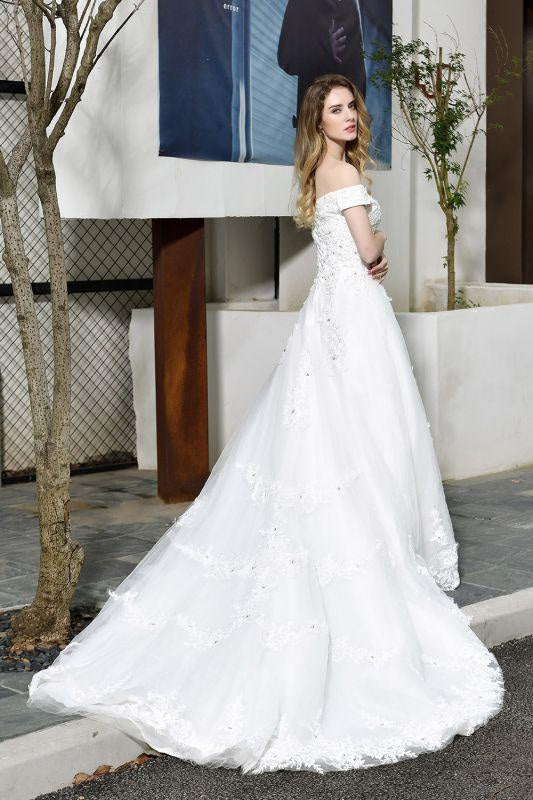 Bridelily Gorgeous A-Line Lace Off Shoulder Wedding Dress