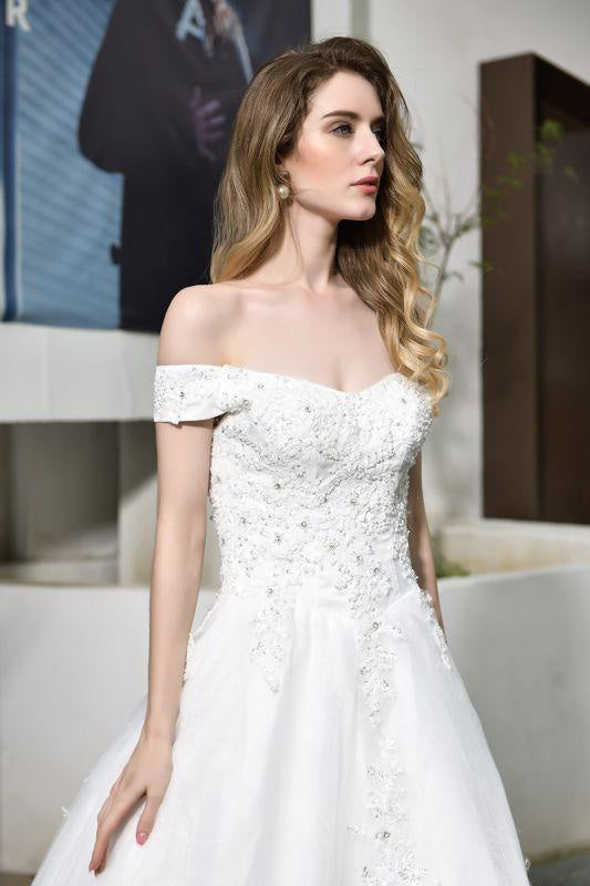 Bridelily Gorgeous A-Line Lace Off Shoulder Wedding Dress