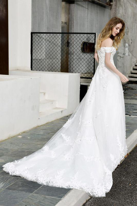 Bridelily Gorgeous A-Line Lace Off Shoulder Wedding Dress