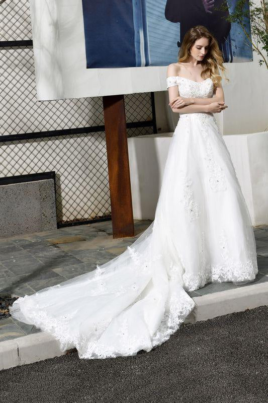 Bridelily Gorgeous A-Line Lace Off Shoulder Wedding Dress