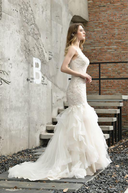 Bridelily Gorgeous Appliques Mermaid Organza Wedding Dress