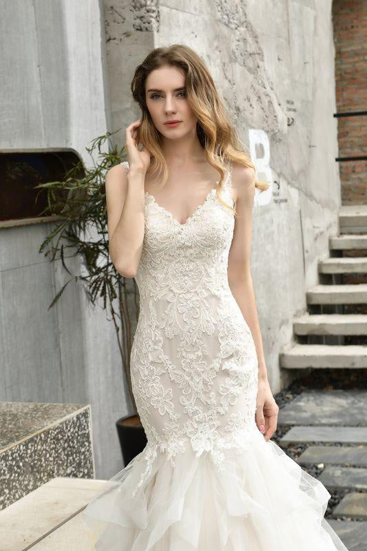 Bridelily Gorgeous Appliques Mermaid Organza Wedding Dress