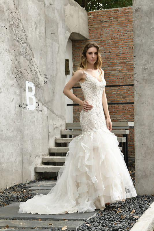 Bridelily Gorgeous Appliques Mermaid Organza Wedding Dress