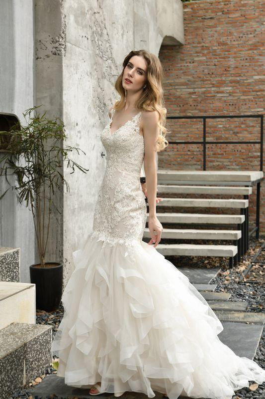 Bridelily Gorgeous Appliques Mermaid Organza Wedding Dress