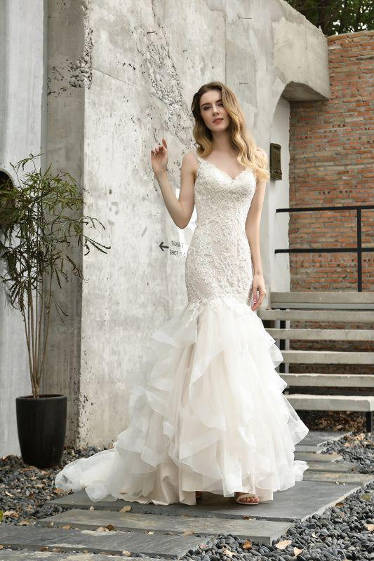 Bridelily Gorgeous Appliques Mermaid Organza Wedding Dress