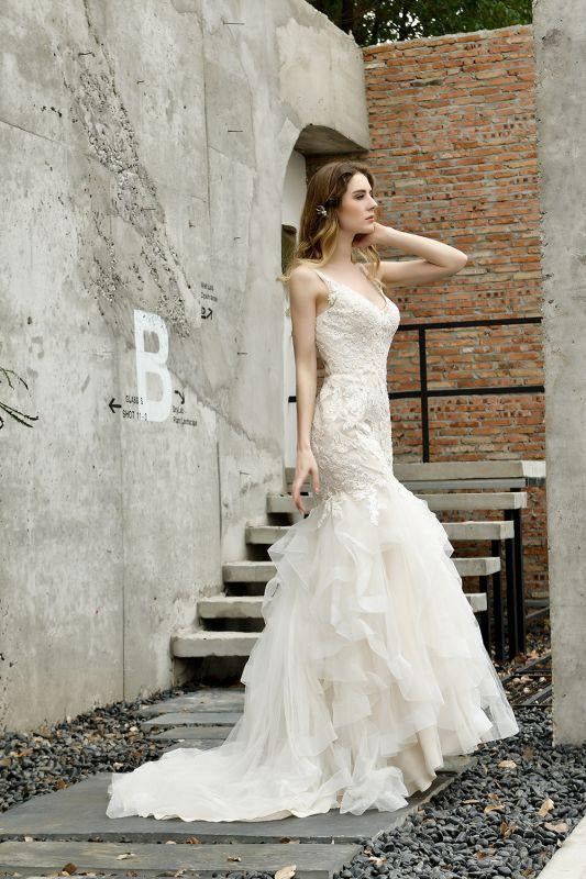 Bridelily Gorgeous Appliques Mermaid Organza Wedding Dress