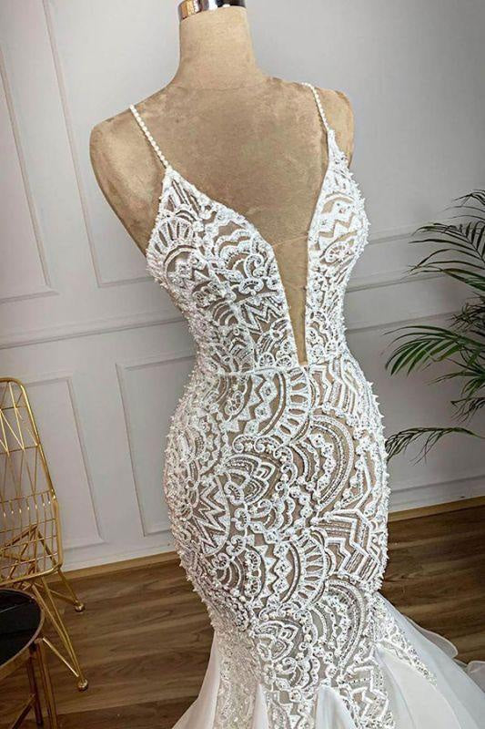 Bridelily Gorgeous Beaded Lace Organza Mermaid Wedding Dress