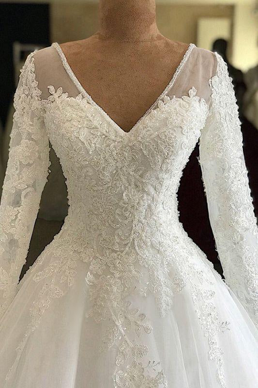 Bridelily Gorgeous Long Sleeve Tulle Wedding Dress Aline with Lace Appliques