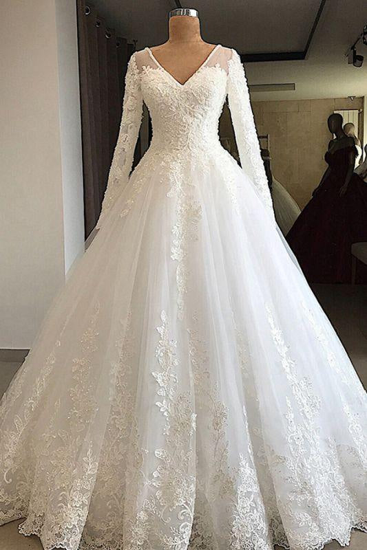 Bridelily Gorgeous Long Sleeve Tulle Wedding Dress Aline with Lace Appliques