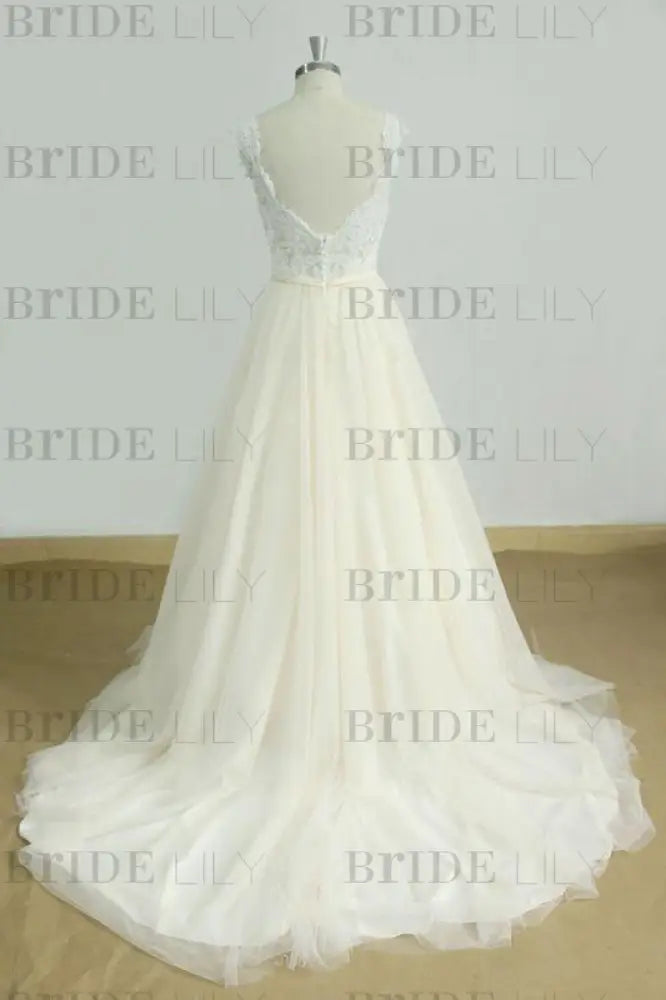 Bridelily Graceful V-neck Lace Tulle A-line Wedding Dress