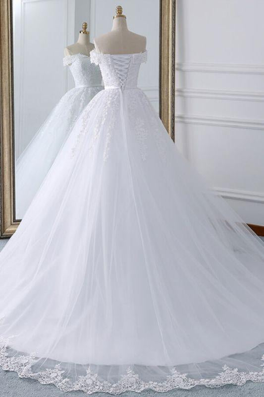 Bridelily Lace-up Off Shoulder Appliques Tulle Wedding Dress