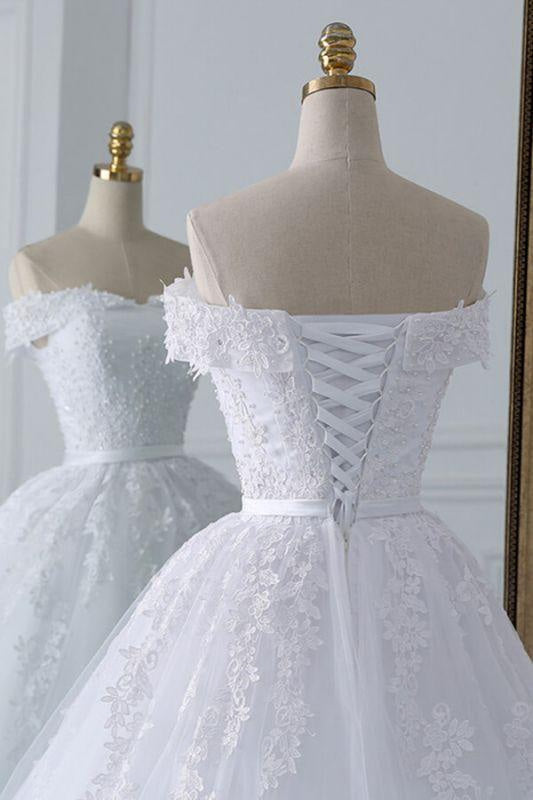 Bridelily Lace-up Off Shoulder Appliques Tulle Wedding Dress