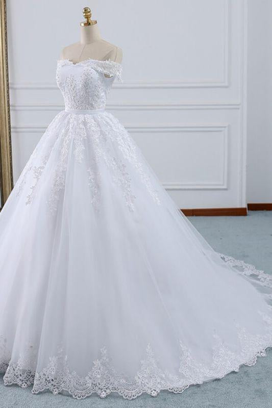 Bridelily Lace-up Off Shoulder Appliques Tulle Wedding Dress