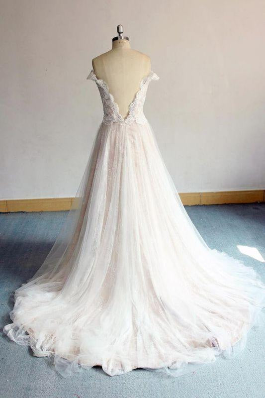 Bridelily Latest Off Shoulder Lace Tulle A-line Wedding Dress