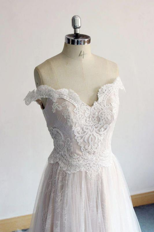 Bridelily Latest Off Shoulder Lace Tulle A-line Wedding Dress