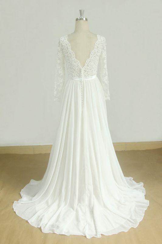 Bridelily Long Sleeve A-line Lace Chiffon Wedding Dress