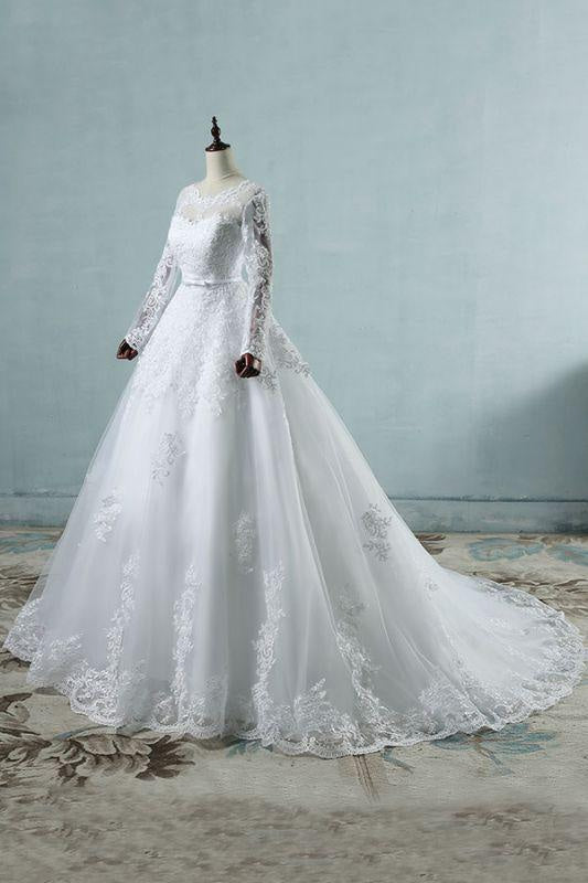 Bridelily Long Sleeve Appliques Tulle A-line Wedding Dress