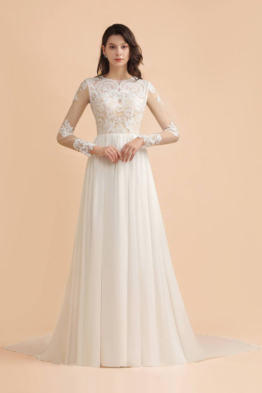 Bridelily Long Sleeve Lace Floor Length Boho Wedding Dresses