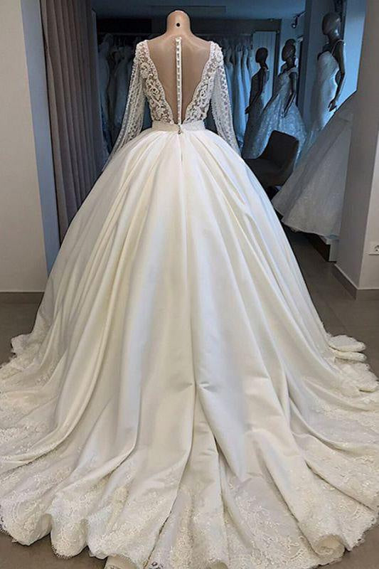 Bridelily Long Sleeve V-neck Ball Gown Satin Wedding Dress