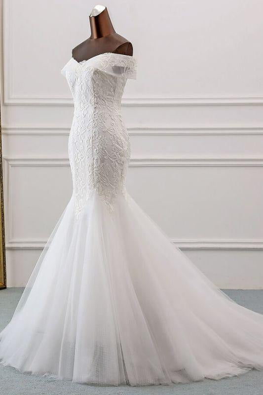 Bridelily Off Shoulder Appliques Tulle Mermaid Wedding Dress