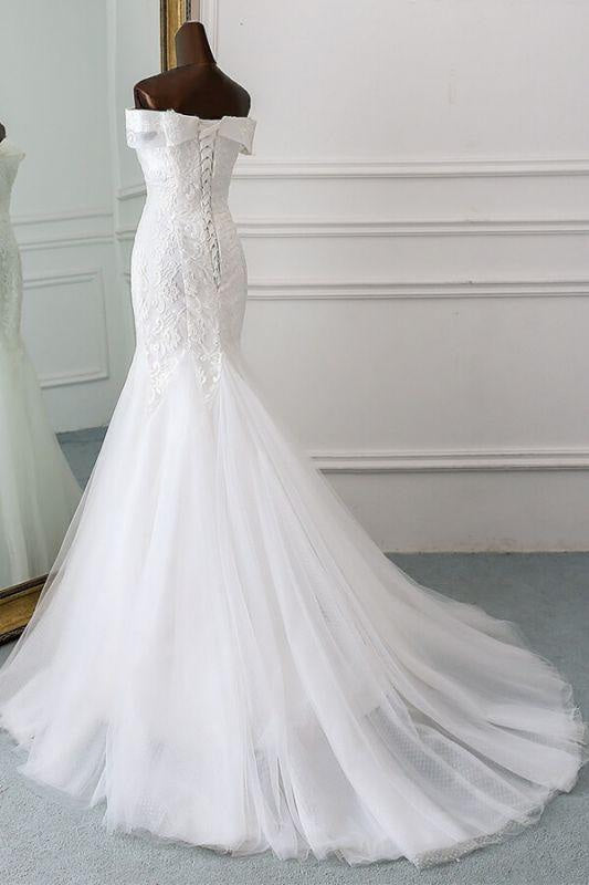 Bridelily Off Shoulder Appliques Tulle Mermaid Wedding Dress