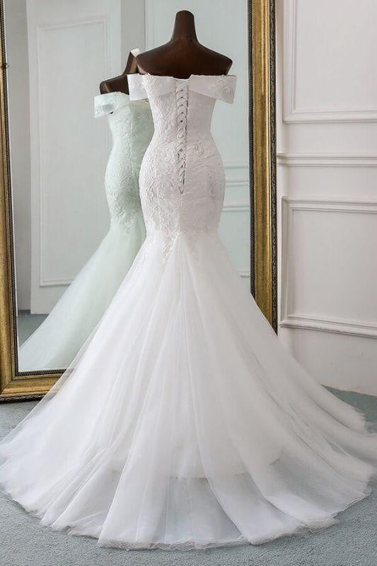 Bridelily Off Shoulder Appliques Tulle Mermaid Wedding Dress