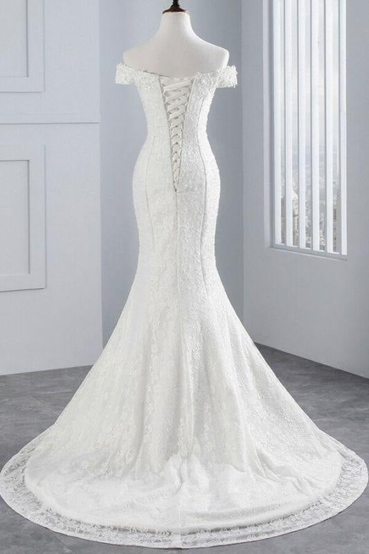 Bridelily Off Shoulder Lace-up Mermaid Lace Wedding Dress