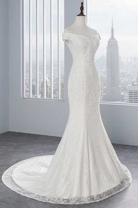 Bridelily Off Shoulder Lace-up Mermaid Lace Wedding Dress