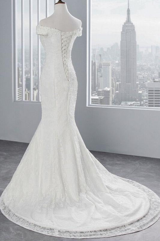 Bridelily Off Shoulder Lace-up Mermaid Lace Wedding Dress