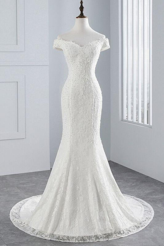 Bridelily Off Shoulder Lace-up Mermaid Lace Wedding Dress