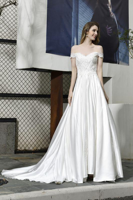 Bridelily Off the Shoulder Appliques Satin Wedding Dress