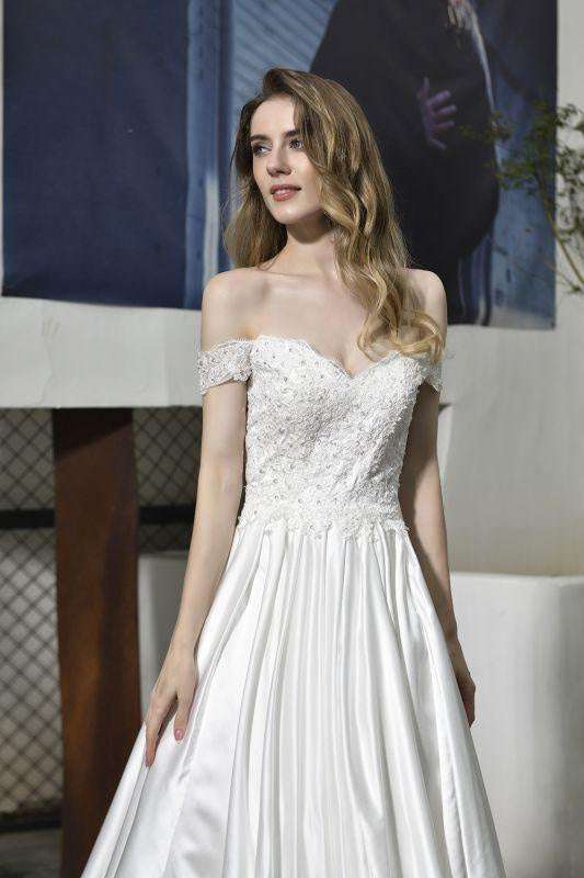 Bridelily Off the Shoulder Appliques Satin Wedding Dress