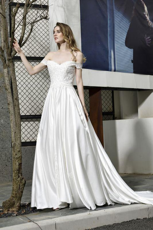 Bridelily Off the Shoulder Appliques Satin Wedding Dress