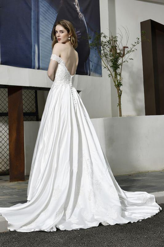 Bridelily Off the Shoulder Appliques Satin Wedding Dress