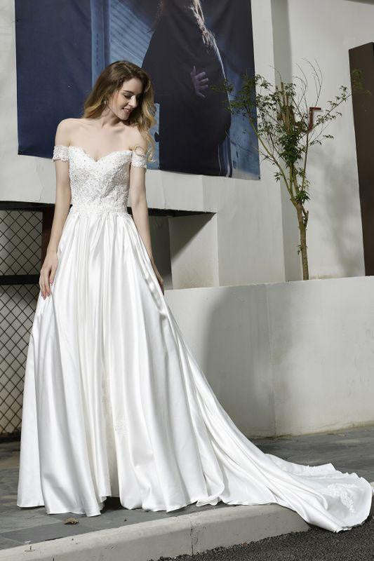 Bridelily Off the Shoulder Appliques Satin Wedding Dress