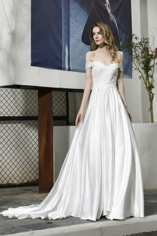 Bridelily Off the Shoulder Appliques Satin Wedding Dress