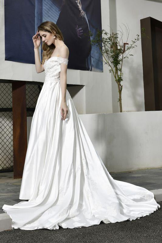 Bridelily Off the Shoulder Appliques Satin Wedding Dress