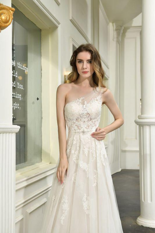 Bridelily One Shoulder Tulle Lace A-Line Wedding Dress