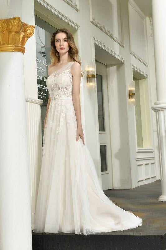 Bridelily One Shoulder Tulle Lace A-Line Wedding Dress