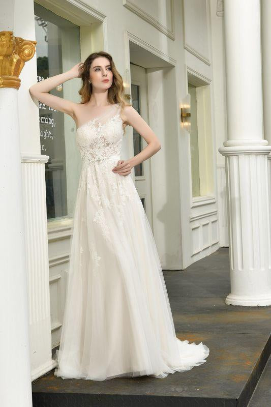 Bridelily One Shoulder Tulle Lace A-Line Wedding Dress