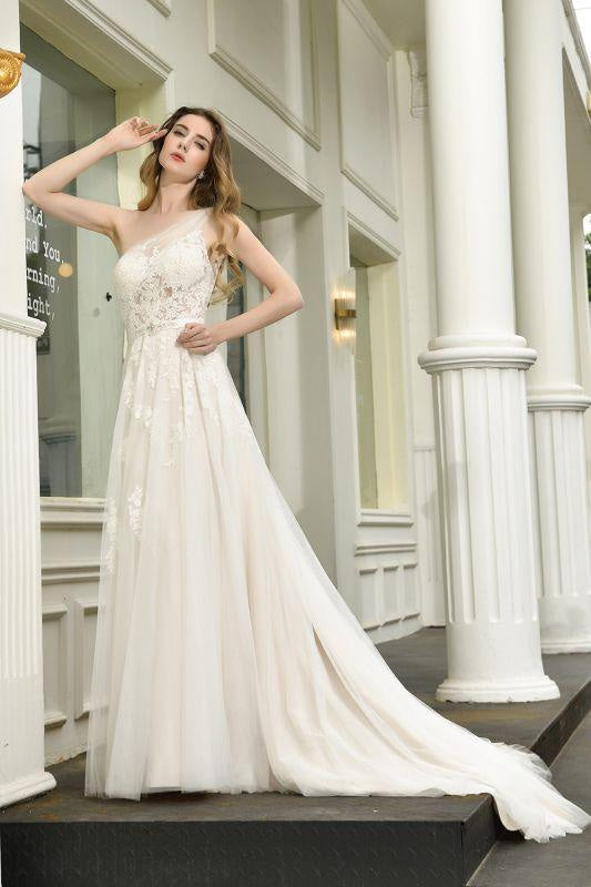 Bridelily One Shoulder Tulle Lace A-Line Wedding Dress