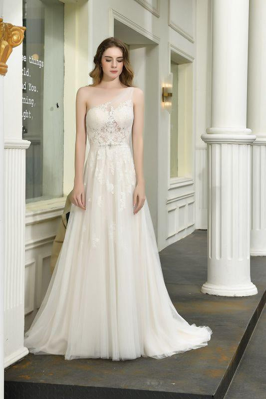 Bridelily One Shoulder Tulle Lace A-Line Wedding Dress