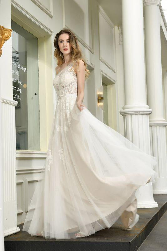 Bridelily One Shoulder Tulle Lace A-Line Wedding Dress