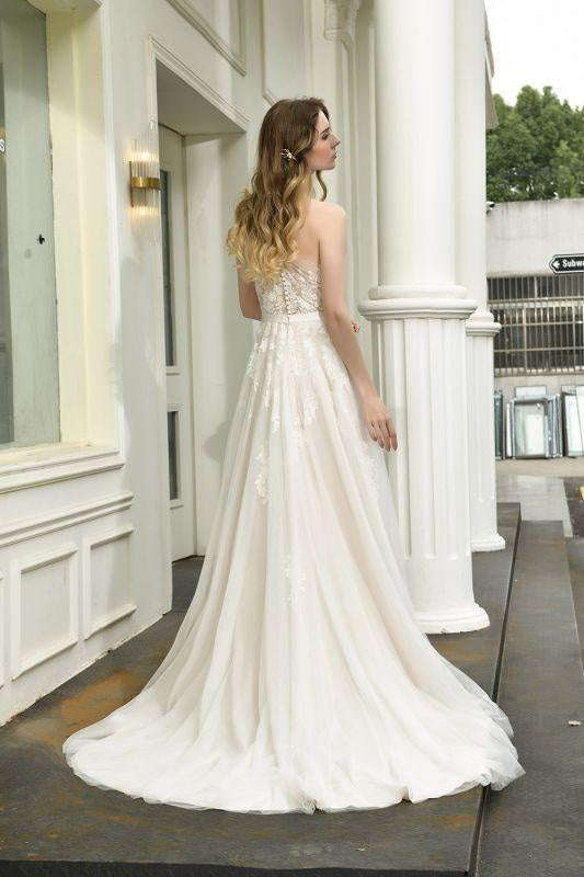 Bridelily One Shoulder Tulle Lace A-Line Wedding Dress