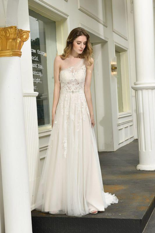 Bridelily One Shoulder Tulle Lace A-Line Wedding Dress